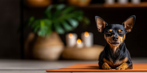 Yoga studio advertising poster. Black terrier meditating on a mat in a minimalist studio. Copy space for the concept of meditation and mental health