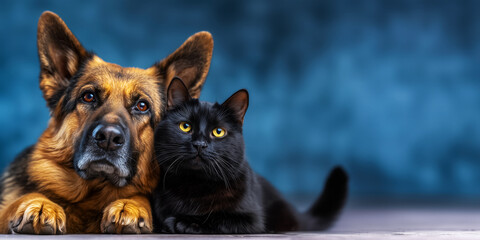 A poster with a German Shepherd and a black cat, a copy space ad for a kennel and pet adoption campaign, an idea for a veterinary clinic ad