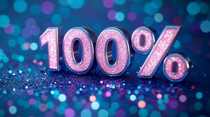 Glamorous One Hundred Percent Achievement Symbol with Sparkling Shine on Vibrant Blue Background