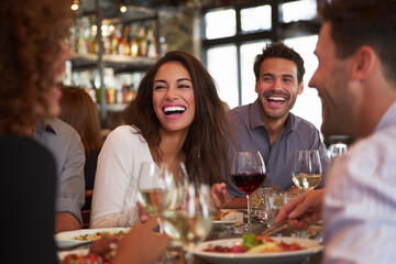 Friends talking laughing eating dinner at a table in a restaurant , view from back