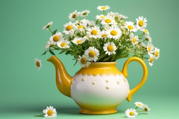 Daisy flowers arranged in a decorative yellow and white teapot vase on a green background