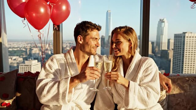 happy caucasian couple in bathrobes toasting with champagne in luxury hotel suite. romantic valentine's day decoration with red balloons and rose petals. love concept. greeting card design.