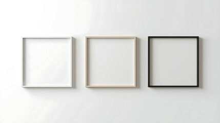 A minimalist composition features three empty square picture frames aligned horizontally against a clean white wall. The frames, described from left to right, include a thin white frame, a natural lig