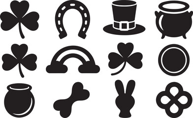 St Patricks Day Icons Including Shamrocks Horseshoe Top Hat Pot of Gold Rainbow and Bunny Ears Keywords: st patricks day, shamrock, clover, three leaf clover, horseshoe, luck, leprechaun hat, top