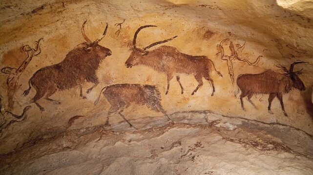 Cave paintings on the walls of a cave.