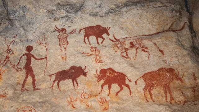 Cave paintings on the walls of a cave.