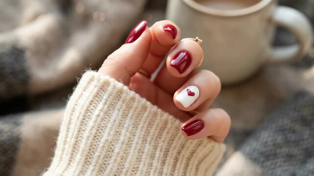 female hand with burgundy manicure and white nail with red heart art. cozy beige sweater and gold ring. romantic st. valentine's day nails design. beauty blog, greeting card