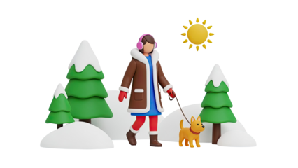 3D Winter Scene: Woman Walking Dog, Snow-Covered Trees, Sunny Day