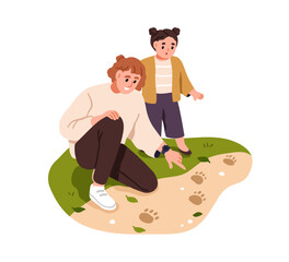 Mother and daughter in nature, finding animal footprints on track, trail outdoors. Parent and girl child exploring forest, weekend activity. Flat vector illustration isolated on white background