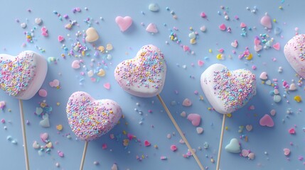 Heart shaped marshmallows with colorful sprinkles on sticks