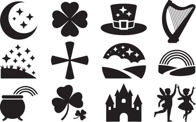 St Patricks Day Icons Silhouette Collection With Moon Clover Hat Harp Rainbow Castle Fairies Keywords: st patricks day, ireland, irish, holiday, celebration, luck, lucky, clover, shamrock, four