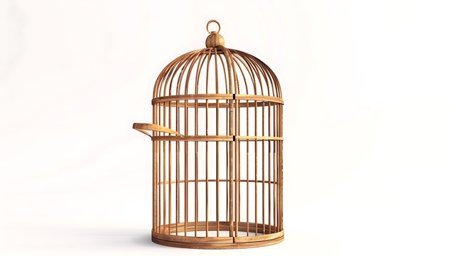 Empty decorative birdcage with intricate golden bars stands upright on a pristine white background.