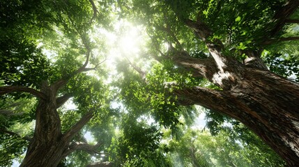 Looking up through lush green tree canopy towards bright sun