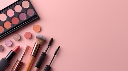 Makeup products arranged on pink background cosmetics