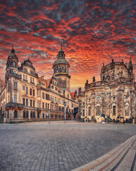 Amazing Cathedral of the Holy Trinity Hofkirche and Dresden Castle Hausmannsturm on Theaterplatz