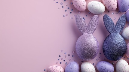 Pastel Easter eggs and glitter bunnies on pink background