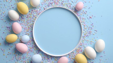 Pastel Easter eggs and sprinkles around blue plate