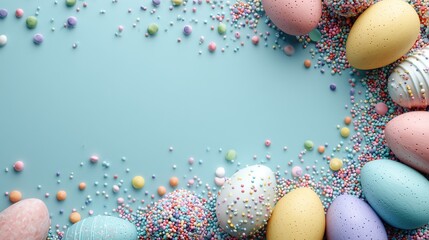 Pastel Easter eggs and sprinkles on blue background 1