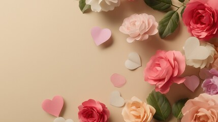 Pink and cream roses with paper hearts on beige background