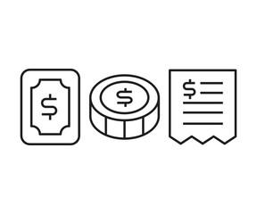 dollar bill, coin and banknote icons set line illustration vector