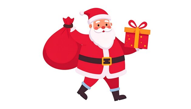 Cartoon illustration of a jolly, roly-poly holiday figure with a bag and present