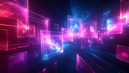 Floating neon squares in digital tunnel space