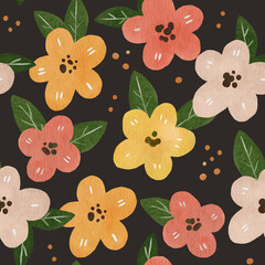 Floral seamless pattern design on dark background. Hand drawn print with big field flowers for fabrics, clothes, wallpaper, wrapping paper