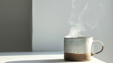 Steaming ceramic mug with a speckled design sits on a sunlit surface against a minimalist background.