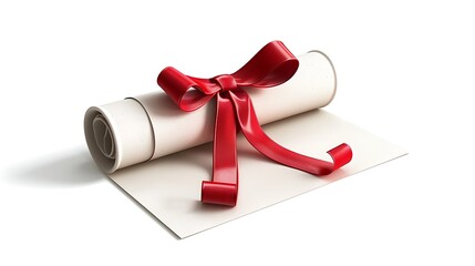 Rolled diploma or certificate is elegantly tied with a vibrant red ribbon, signifying achievement.
