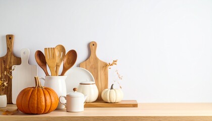 Rustic pumpkins and kitchenware with an autumnal theme on a wooden shelf or counter. banner with copy space set against a white wall. Fall cooking décor for a home kitchen