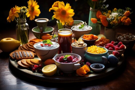 Breakfast spread arranging healthy natural foods including yogurt, fruit, nuts, bread, and juice on a wooden platter - Powered by Adobe