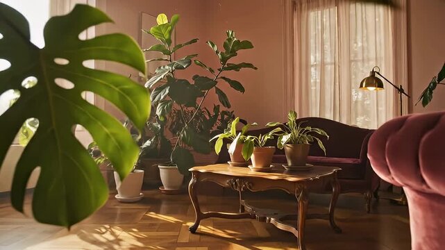 A serene and elegant living room is bathed in warm natural sunlight, creating a cozy and inviting atmosphere. Lush green houseplants, including large monstera and fiddle leaf fig, are artfully arrange