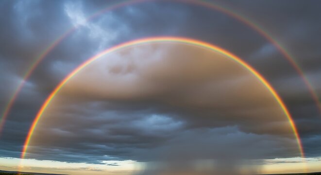 Double Rainbow Arching Across Dramatic Stormy Sky.