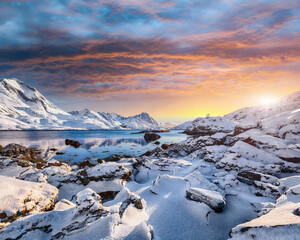 Sundstraumen strait that separates Moskenesoya and Flakstadoya islands.