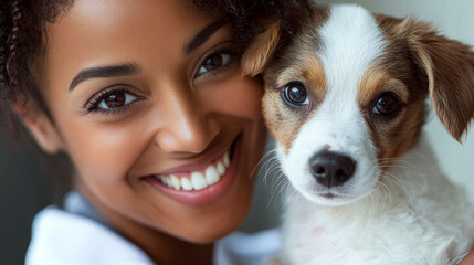 Smiling person holding a small dog close to their face. Concept of bonding, happiness. For pet care photo.