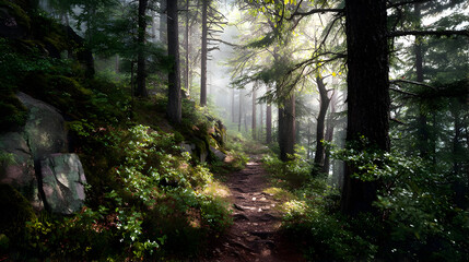 Magical Forest with Sun Rays and Mossy Path