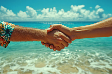Two hands are shaking in front of a turquoise ocean with waves and a clear sky. Concept of partnership and summer. For travel or business photo.