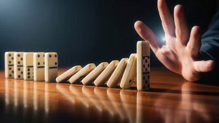 Financial crisis concept with hand stopping falling dominoes, representing economic recession protection, bankruptcy prevention, and strategic stability
