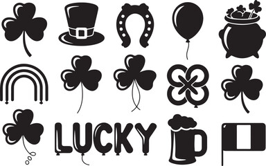 St. Patrick's Day Symbols and Icons Collection on White Background Keywords: st patrick's day, shamrock, clover, four leaf clover, lucky, luck, leprechaun hat, horseshoe, balloon, pot of gold