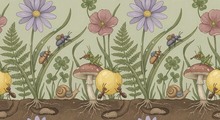 Whimsical vintage illustration of a hidden garden world. Features ants, snails, and grasshoppers among wildflowers and mushrooms. Hand-drawn cottagecore aesthetic for nature-themed designs.
