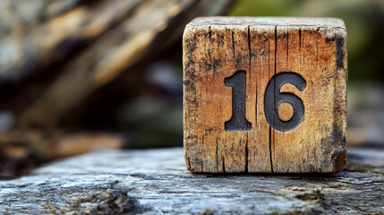 Wooden block with the number "16" is placed on a rustic surface. Concept of numerals and natural textures. For educational materials and design inspiration.