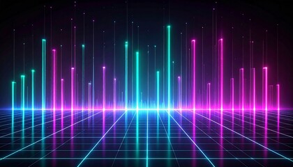 Neon sound bars glowing on digital grid