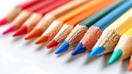 Pencils, vibrant and sharpened, are neatly aligned on a pristine white surface, ready for artistic.