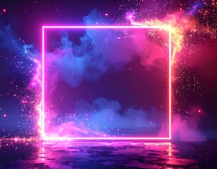 Glowing neon square amidst vibrant cosmic clouds and sparkling effects