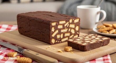 Arretjescake Dutch no-bake chocolate cake with biscuits sliced on wooden cutting board