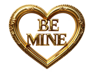3D golden Be Mine text inside a heart-shaped frame,white background.