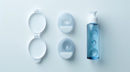 Contact lens solution bottle and storage cases are neatly arranged on a clean, light blue background.