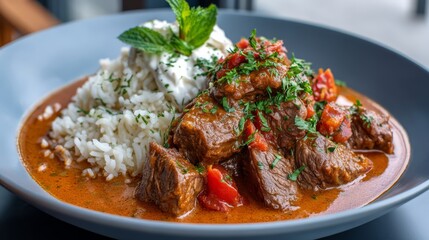 Delicious beef goulash served with fluffy rice and fresh herbs, showcasing vibrant colors and textures, perfect for culinary enthusiasts and food lovers