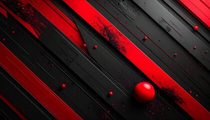 Diagonal black and red panels with matte texture and scattered red spheres.