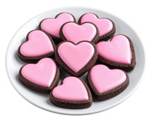 A plate of heart-shaped dark chocolate cookies with pink icing,white background.